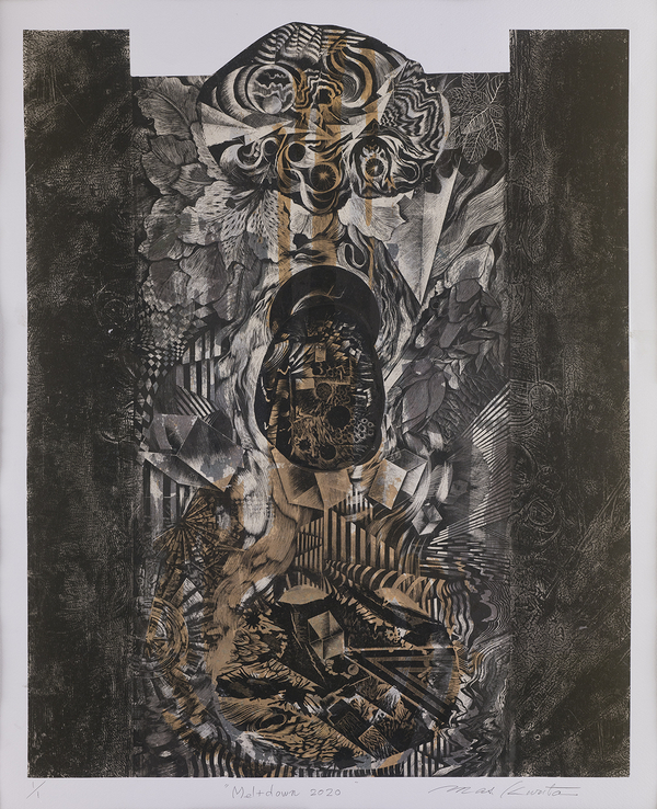 Masahiro Kurita, “MELTDOWN 2020”  Wood engraving, back foil, collagraph, 2020