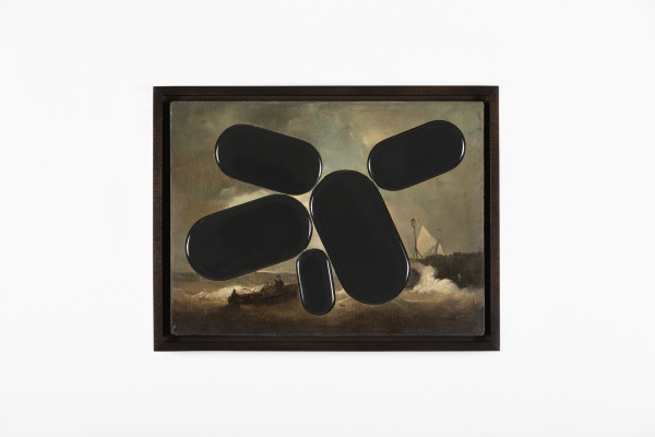 Doing/ Dumping<BR><BR>The amount of greenhouse gases produced by activities<BR><BR>Historic oil on canvas, with contemporary inserts, lacquered wood, 2023